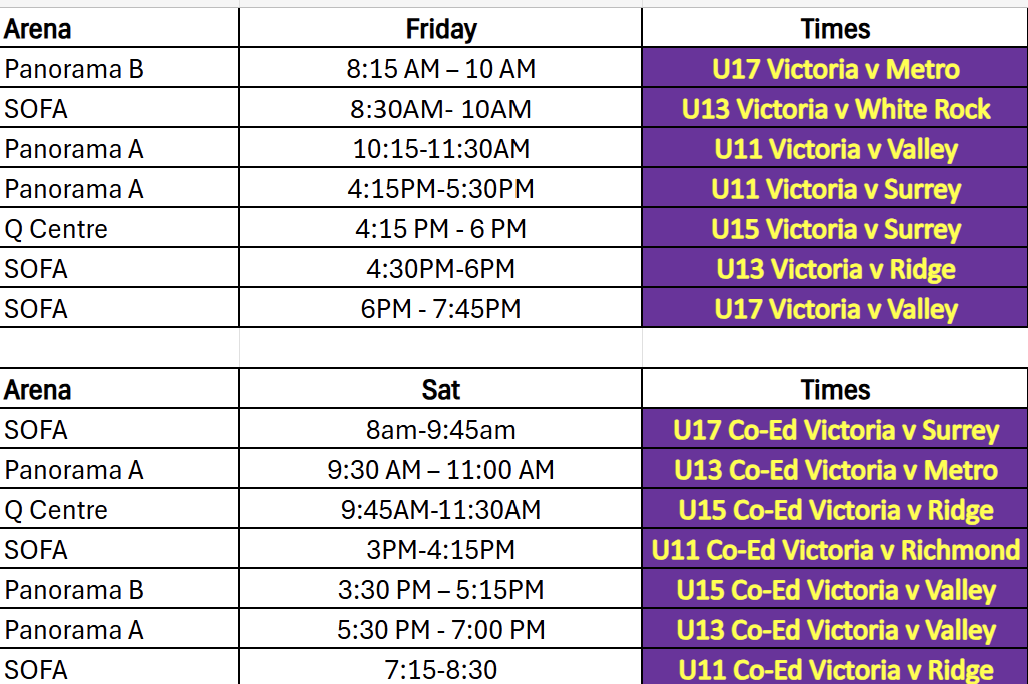 Victoria Vipers BC Schedule